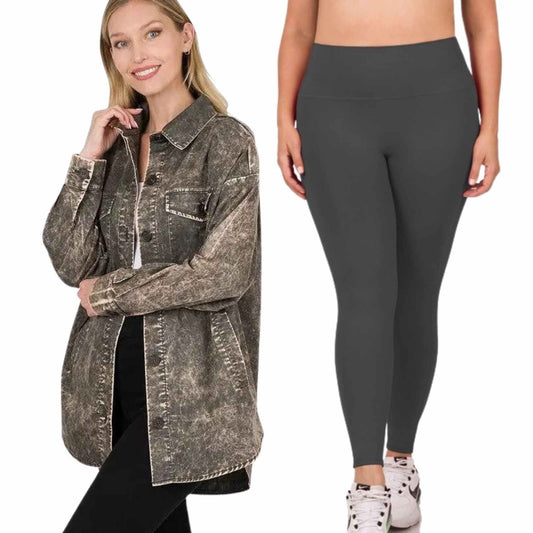 Stone Wash Shacket/Legging Sets