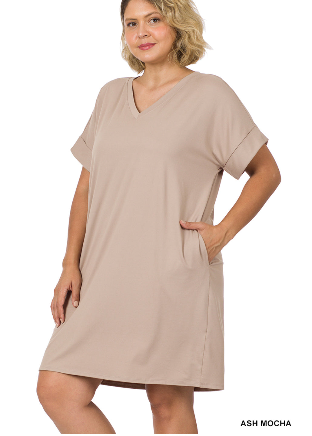 Zenana Rolled Short Sleeve V-Neck Dress