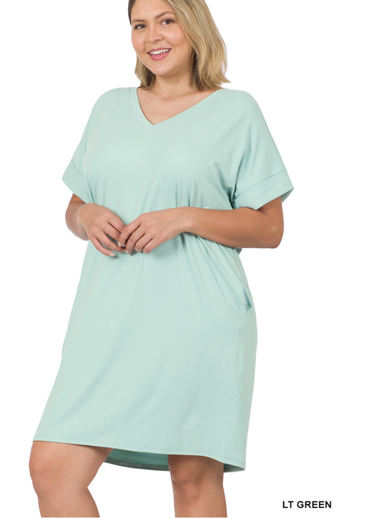 Zenana Rolled Short Sleeve V-Neck Dress